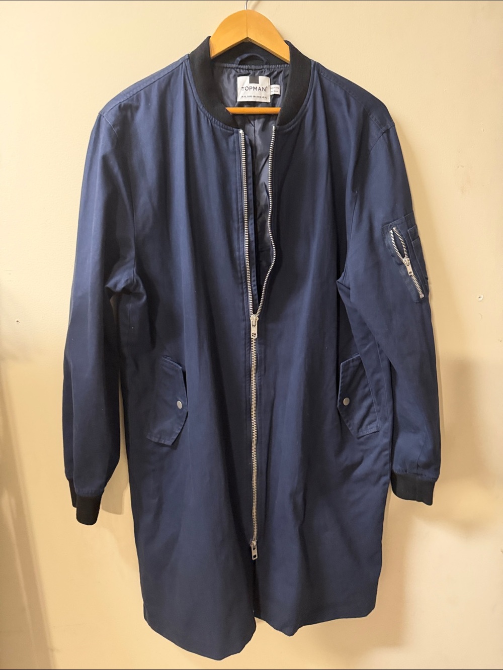 Topman Navy Long Bomber Jacket - Men's Size XL